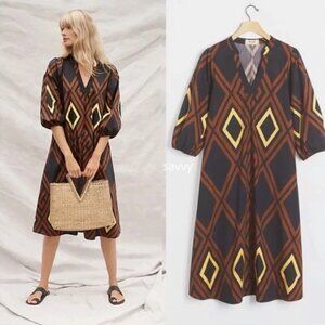Anthropologie Porridge Mireli Midi Dress 100% Cotton Brown Geometric Large